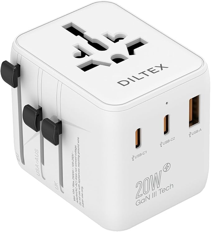20W GaN III Fast Charging Travel Adapter – Dual USB-C & USB-A Ports with 2 AC Outlets & Dual 10A Overload Fuses – Universal Wall Charger for 200+ Countries – Power Adapter for Phones