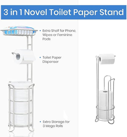 [Upgrade] Toilet Paper Holder Stand Nautical Bathroom Tissue Holders Free Standing with Top Shelf Storage Mega Rolls/Phone/Wipe-Ivory White