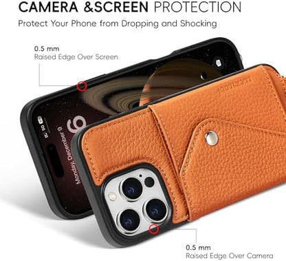 LUCKYCOIN for iPhone 16 Pro Max Crossbody Wallet Case – Genuine Leather Phone Purse with Adjustable Strap and Card Holder,Lanyard Phone Purse Case for Women,Pebble Grain Brown