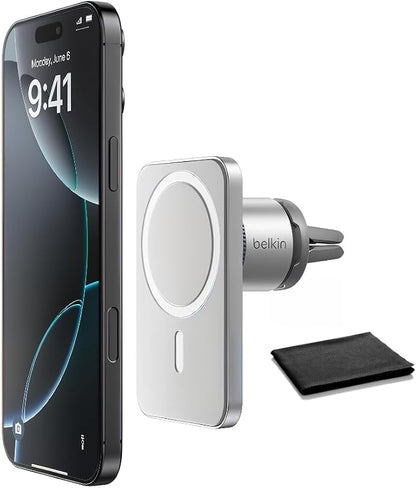 Belkin MagSafe Car Vent Mount Pro, Magnetic Phone Holder for iPhone 16/15/14/13/12, Secure Grip, Portrait & Landscape View, Cable Management, Air Vent Clip, Magsafe Compatible, Silver, Includes Cloth