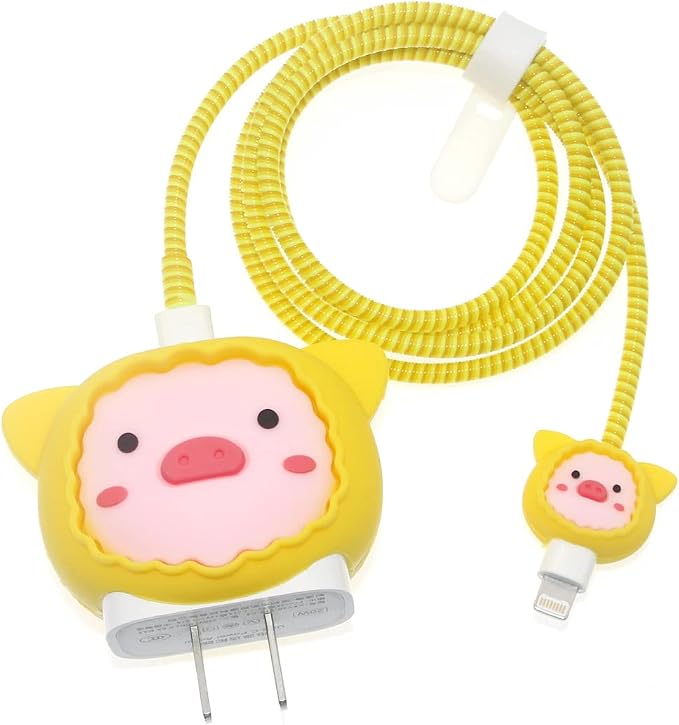 3D Cute Cartoon Charger Protector Case - Compatible for Apple 20W USB-C Power Adapter and Lightning Cable (Yellow Pig)