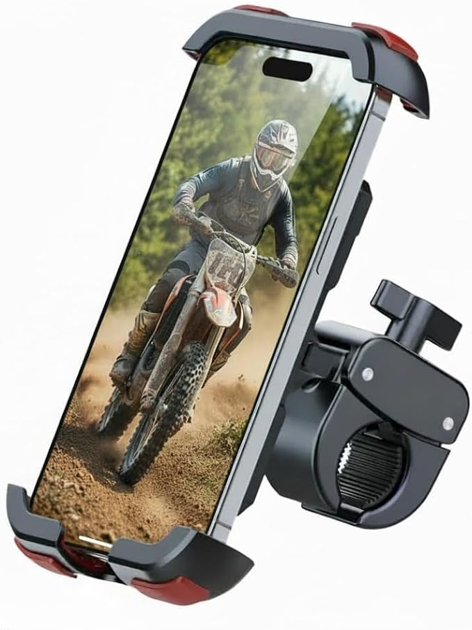 Bike Phone Holder Motorcycle & Bicycle Handlebar Mount, 360 Rotatable, Secure Clamp, Fits Thick Smartphones 4.7"-7" (Black+Red)