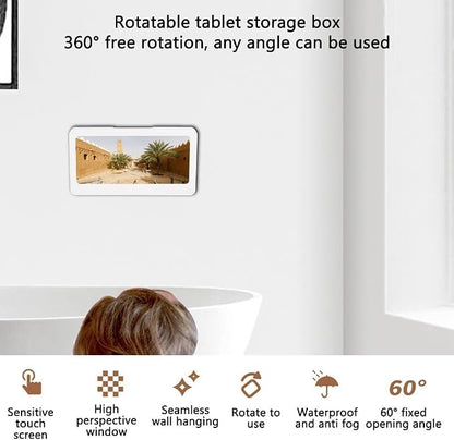 Touchable Waterproof Shower Phone Holder - No Drill Wall Mount for 6.8" Devices, Anti-Fog Tablet Bathroom Caddy with Sticker Installation(White)