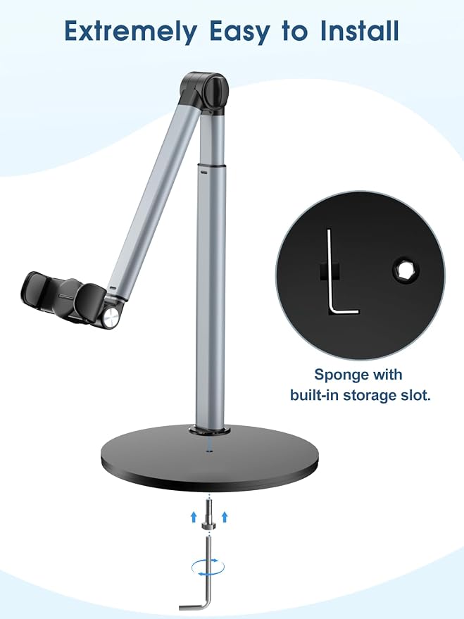 Heavy Duty Aluminum Overhead Phone Stand for Recording, Adjustable iPhone Tripod for Overhead Shots, Sturdy Stand for Cooking, Crafting, Filming, Painting – Perfect for Creators（Clip）