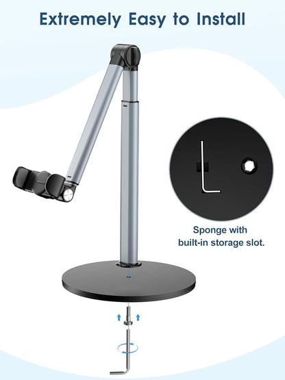 Heavy Duty Aluminum Overhead Phone Stand for Recording, Adjustable iPhone Tripod for Overhead Shots, Sturdy Stand for Cooking, Crafting, Filming, Painting – Perfect for Creators（Clip）