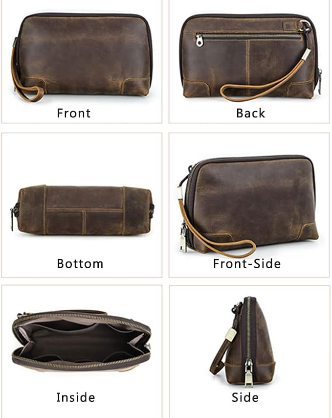 CONTACTS Crazy Horse Leather Travel Electronic Organizer Cables Chargers Accessories Storage Case Holder Clutch Bag