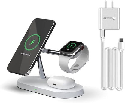 5 in 1 Magnetic Wireless Charging Stand, 15W Fast Mag-Safe Charging Station ，with Neutral Light Design for iPhone 17/16/15/14/13/12 Series, iWatch 7/SE/6/5/4/3/2, Airpods 3/2/Pro (White)