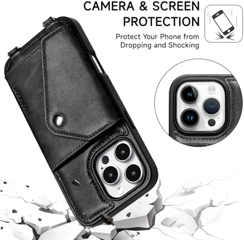 LUCKYCOIN for iPhone 16 Pro Max Crossbody Wallet Case – Genuine Leather Phone Purse with Adjustable Strap and Card Holder,Lanyard Phone Purse Case for Women,Vintage Black