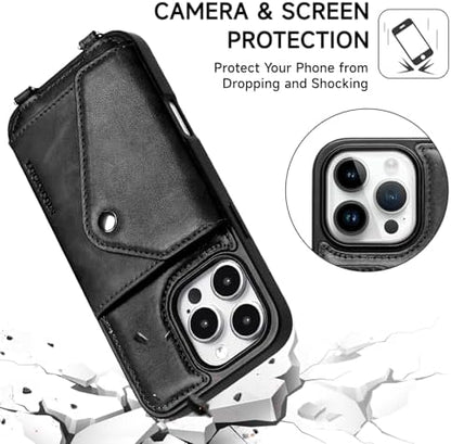 LUCKYCOIN for iPhone 16 Pro Max Crossbody Wallet Case – Genuine Leather Phone Purse with Adjustable Strap and Card Holder,Lanyard Phone Purse Case for Women,Vintage Black