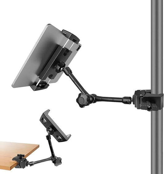 Tablet Holder for Mic Stand, Adjustable iPad Mic Stand Mount, Tablet Holder with Clamp Mount for Pole Desk Kitchen Cabinet, Compatible with 4.7 to 12.9" iPad, iPhone, Android Smartphones