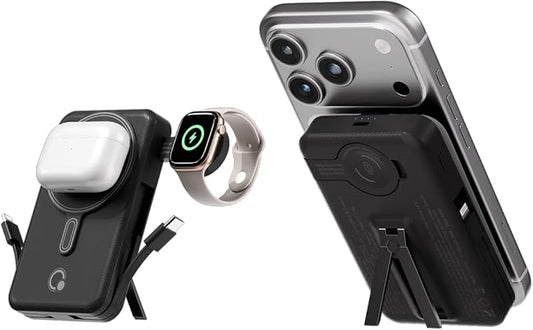 Q Magnetic Wireless Portable Charger 10,000mAh, Travel Essentials Power Bank with Built-in Cables & Foldable Stand, External Battery Pack Compatible with iPhone 17/16/15/14/13/12, Apple Watch