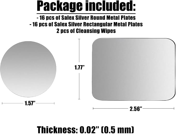 SALEX Phone Metal Stickers for Magnetic Mount. Replacement Set of 32 Car Magnet Metal Plates Inside Cell Phone Case. Silver Sticky 3M Adhesive Small Round Rectangular Iron Discs for Holder Crafts