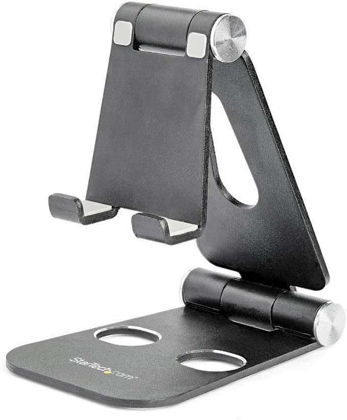 StarTech.com Phone and Tablet Stand - Foldable Universal Mobile Device Holder for Smartphones & Tablets - Adjustable Multi-Angle Ergonomic Cell Phone Stand for Desk - Portable - Black (USPTLSTNDB)
