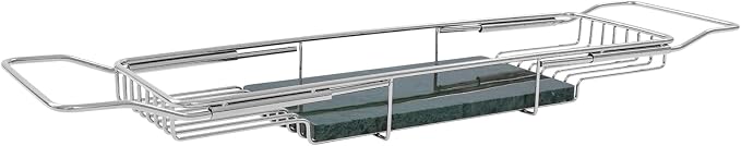 Expandable Bathtub Tray Caddy for Luxury Bath, Extra Wide Acrylic Tub Tray with Natural Marble Board, Waterproof Bath Tub Shelf for Phone, Wine, Book, Tablet Stand - Ideal Home Spa (Silver, Green)