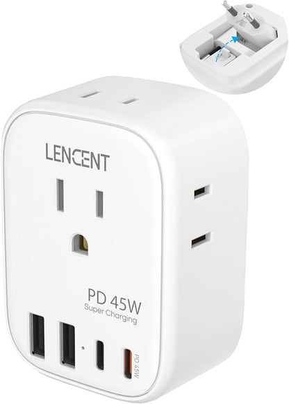 LENCENT European Travel Plug Adapter, PD 45W Type C Foldable Power Plug | with 4 Outlets 4 USB Ports, USB Fast Charger Adaptor, Power Adaptor for US to Most of Europe EU Spain Italy France Germany