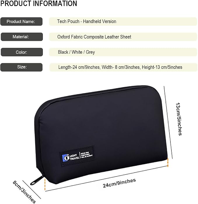 Tech Pouch,Travel Cord Rrganizer Case,Waterproofing Data Cable Storage Bag，9inches*5inches,For Charger, Cables, USB Drive,Phone,Power Bank,Memory Card(Black)