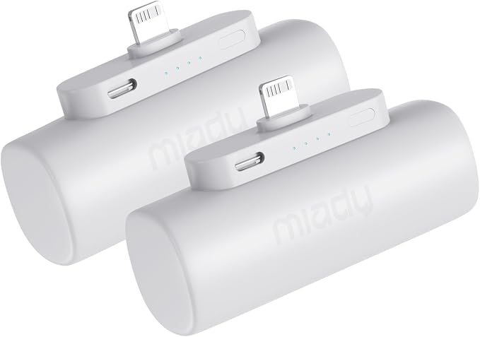 Miady 2-Pack Mini Portable Charger Built-in Connector Compact Battery Pack | 5000mAh PowerBank丨Not for Android丨Lightweight丨for Travel丨Compatible with iPhone 14/13 Series丨Flight-Safe丨18Wh丨White+White