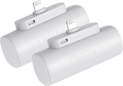 Miady 2-Pack Mini Portable Charger Built-in Connector Compact Battery Pack | 5000mAh PowerBank丨Not for Android丨Lightweight丨for Travel丨Compatible with iPhone 14/13 Series丨Flight-Safe丨18Wh丨White+White