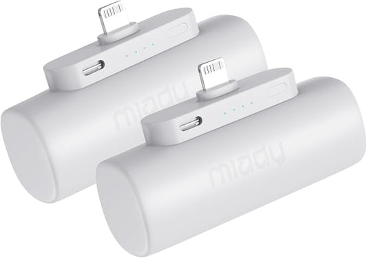 Miady 2-Pack Mini Portable Charger Built-in Connector Compact Battery Pack | 5000mAh PowerBank丨Not for Android丨Lightweight丨for Travel丨Compatible with iPhone 14/13 Series丨Flight-Safe丨18Wh丨White+White
