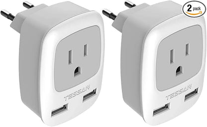 TESSAN European Travel Plug Adapter, 2 Pack, Type C, 2 USB | International Power Outlet Adaptor, USA to Most of Europe EU Spain Iceland Germany France Italy Israel
