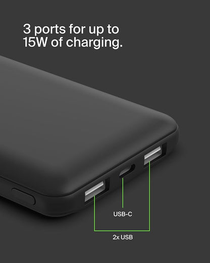 Belkin Portable Charger - 15W 3 Port Power Bank Battery Pack with 10000mAh Battery - Fast Charging for iPhone, Samsung Phone, More - USB C to A Cable Included