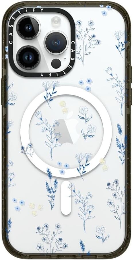 CASETiFY Impact iPhone 14 Pro Max Case [4X Military Grade Drop Tested / 8.2ft Drop Protection/Compatible with Magsafe] - Small Blue Flowers - Clear Black