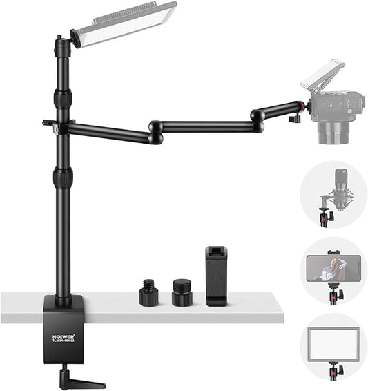 NEEWER Upgraded Overhead Camera Rig with Trifold Camera Boom Arm (Max Load 2lb), 47"/1.2m Telescopic Desk Mount Stand (Max Load 8.8lb) with Phone Clamp Ball Head for LED Light Webcam Mic, TL253A+MH022