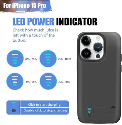 Battery Case for iPhone 15 Pro, 5000mAh Rechargeable Extended Battery Charging/Charger Case, Add 100% Extra Juice (6.1 inch) Black