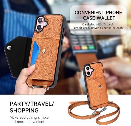 LUCKYCOIN for iPhone 16 Plus Crossbody Wallet Case – Genuine Leather Phone Purse with Adjustable Strap and Card Holder,Lanyard Phone Purse Case for Women,Pebble Grain Brown
