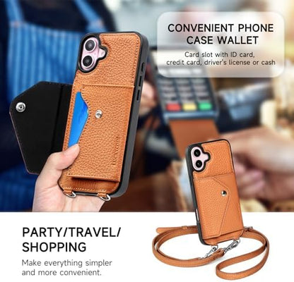 LUCKYCOIN for iPhone 16 Plus Crossbody Wallet Case – Genuine Leather Phone Purse with Adjustable Strap and Card Holder,Lanyard Phone Purse Case for Women,Pebble Grain Brown