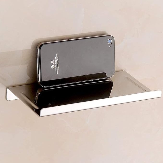 Bathroom Small Cell Phone Shelf Stainless Steel Anti-Slip Phone Holder Stand Wall Mounted for Small Speaker Smartphone Baby Wipes, Polished Chrome