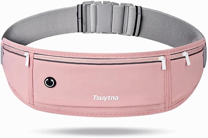 Running Belt for Women & Men - Slim Phone running belt with Water-Resistant Phone Holder, 3 pockets Adjustable Waist Strap, Reflective Safety Design for Running, Hiking, Travel，Fitness (Pink)