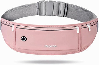 Running Belt for Women & Men - Slim Phone running belt with Water-Resistant Phone Holder, 3 pockets Adjustable Waist Strap, Reflective Safety Design for Running, Hiking, Travel，Fitness (Pink)