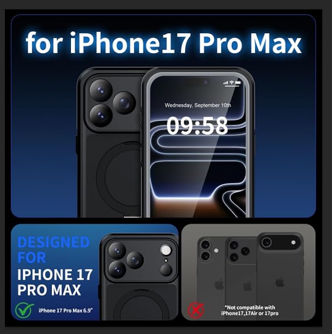 ANTSHARE Magnetic for iPhone 17 Pro Max Case Waterproof, Built in Screen Protector [Compatible with MagSafe] [Invisible Stand] [IP68 Underwater], Full Body Protection Phone Case 6.9'', Black