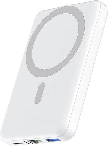 podoru for Magsafe Power Bank, 10000mAh Magnetic Portable Charger with 22.5W PD Fast Charging USB-C Cable LED Display Wireless Battery Pack for iPhone 17/16/15/14/13/12 Series-White