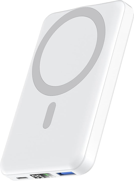 podoru for Magsafe Power Bank, 10000mAh Magnetic Portable Charger with 22.5W PD Fast Charging USB-C Cable LED Display Wireless Battery Pack for iPhone 17/16/15/14/13/12 Series-White