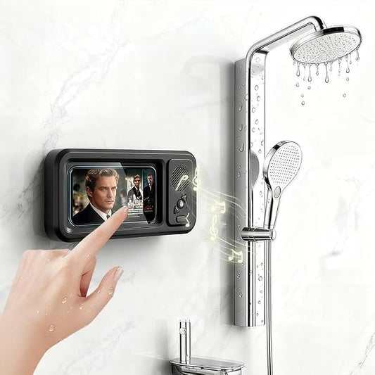 Shower Phone Holder with 360° Rotation, Angle Adjustable, Enhanced Sound Quality, Wall Mounted Phone Holder for Bathroom Mirror Bathtub Kitchen, Up to 7 Inch (Black)