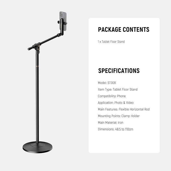 NEEWER BASICS Phone Floor Stand with Horizontal Extension Arm, Adjustable Bed Phone Holder Clamp Mount Compatible with iPhone 16 15 Pro Max Plus Samsung for Video Recording, Weighted Metal Base, ST009