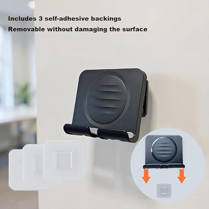 Shower Phone Holder Upgraded, Removable Wall Mounted Hands-Free Cellphone Stand, Angle Adjustable Phone Stand with 3pcs Adhesive Pad for Kitchen Bathroom Dorm Bedroom (Black)