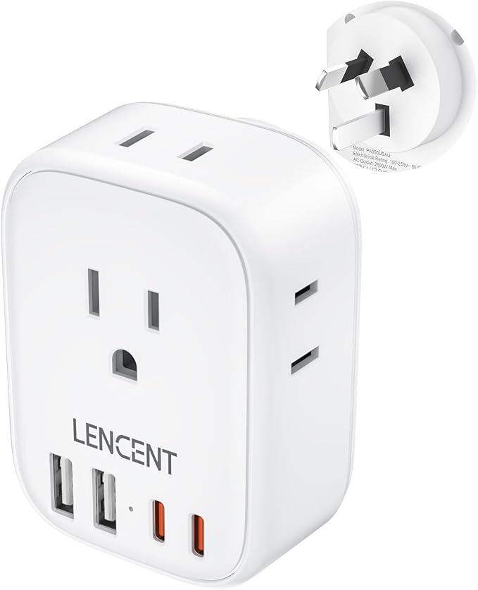 LENCENT Australia New Zealand Power Plug Adapter, US to Australia Adapter | Plug Adapter with 4 Outlets, 4 USB Ports(2 USB C), Type I Plug Converter for US to AU Argentina China Fiji, Travel Essentials