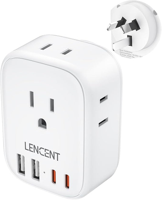 LENCENT Australia New Zealand Power Plug Adapter, US to Australia Adapter | Plug Adapter with 4 Outlets, 4 USB Ports(2 USB C), Type I Plug Converter for US to AU Argentina China Fiji, Travel Essentials