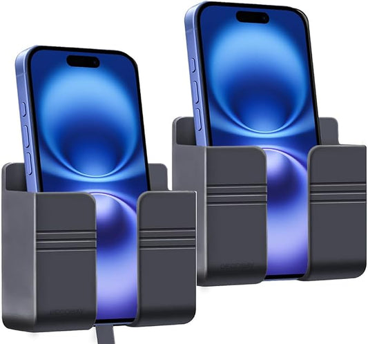 2 Pack Wall Phone Holder, Adhesive Phone Wall Mount with Cable Hole, Bathroom Bedside Kitchen RV Phone Holder Compatible with iPhone, Android Phones and Remote Controls (Gray)