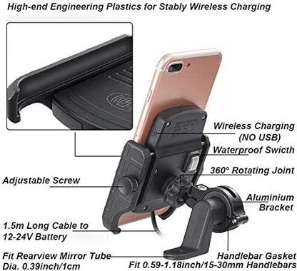iMESTOU Motorcycle Wireless Charger Phone Mount Waterproof Handlebar Qi Charging Phone Holder 360 Rotatable for 3.5-6.5 Inch Cellphones Work with 12V/24V Vehicles