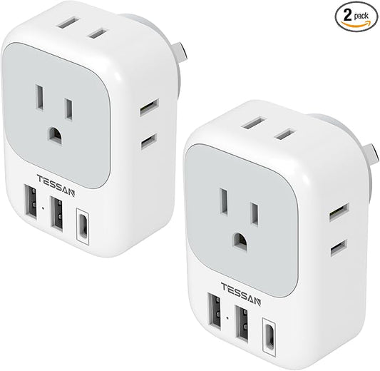 TESSAN Australia Plug Adapter, New Zealand Power Adaptor, 2 Pack | 4 Outlets 3 USB Ports (1 USB C PD 20W), Type I Travel Plug to China Argentina Fiji