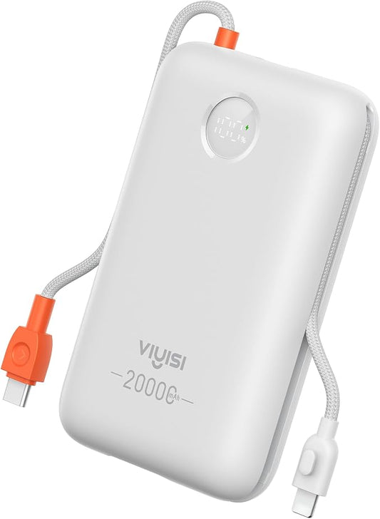 VIYISI Portable Charger 20000mAh 30W Fast Charging with Built-in 2 Cables | USB C & Lighting Cables, White Aesthetic Power Bank Compatible with iPhone 17 16 15 Pro Max, Samsung iPad, Travel