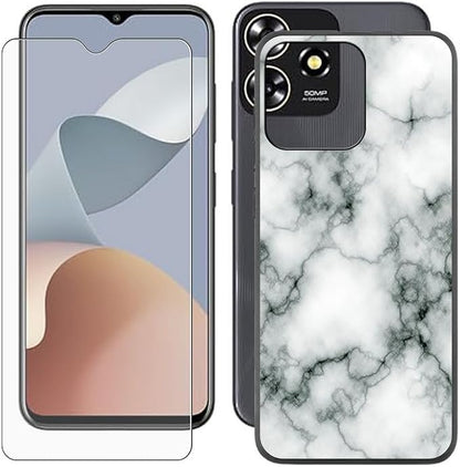 Cover for ZTE Blade A73 (6.52 inch) Case + Screen Protector，Tempered Glass 9H Hardness Protective Film and Soft Silicone Bumper Shell Black TPU Phone case -Marble