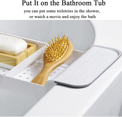 Bathtub Caddy Tray, Expandable Bath Shelf, Adjustable Size from 21.9 to 31 inches Plastic Bathtub Storage Rack, Bathtub Accessories & Bathroom Gadgets, Bath Tub Tray for Kitchen Bathroom (White)