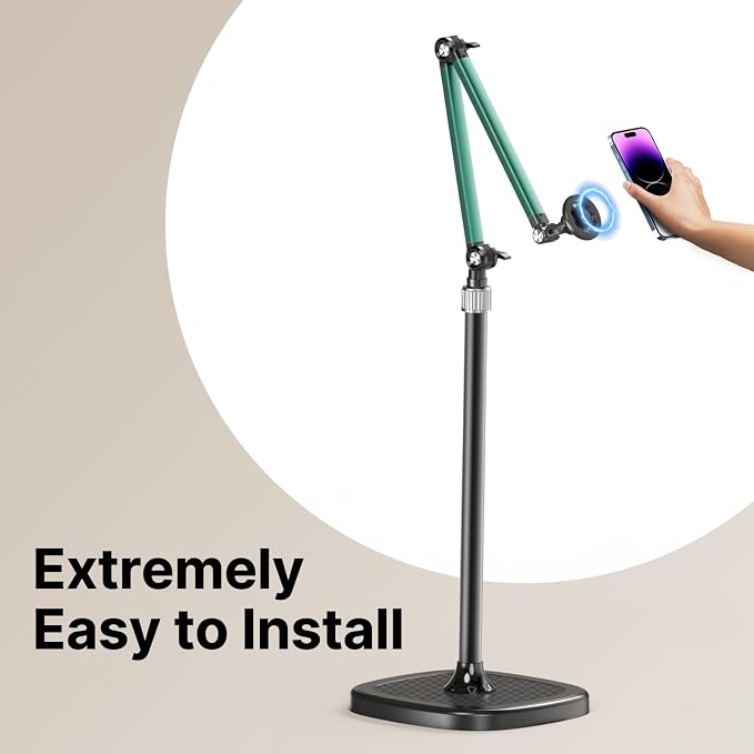 Magnetic Overhead Phone Mount, Cell Phone Stand for Video Recording, 360 Degrees Swivel Tilt Adjustable Floor Camera Filming Tripod. Content Creator Phone Holder, for iPhone/Android (L11-CX)