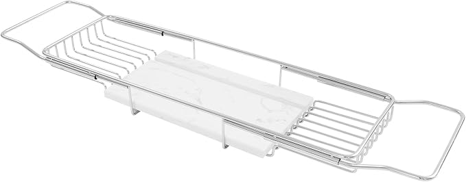 Expandable Bathtub Tray Caddy for Luxury Bath, Extra Wide Acrylic Tub Tray with Natural Marble Board, Waterproof Bath Tub Shelf for Phone, Wine, Book, Tablet Stand - Ideal Home Spa (Silver, White)