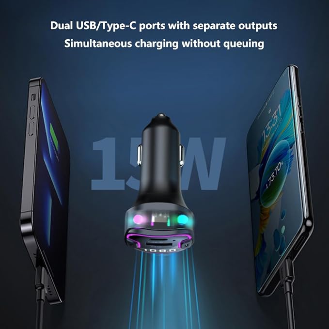 Bluetooth 5.3 Car Adapter, PD &QC3.0 Fast Charging FM Radio Transmitter for Car, Radio Bluetooth Receiver, Hands-Free Calling, U Disk & Colorful Light